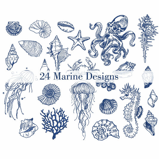 Sea shell, octopus, seahorse, jellyfish machine embroidery design bundle