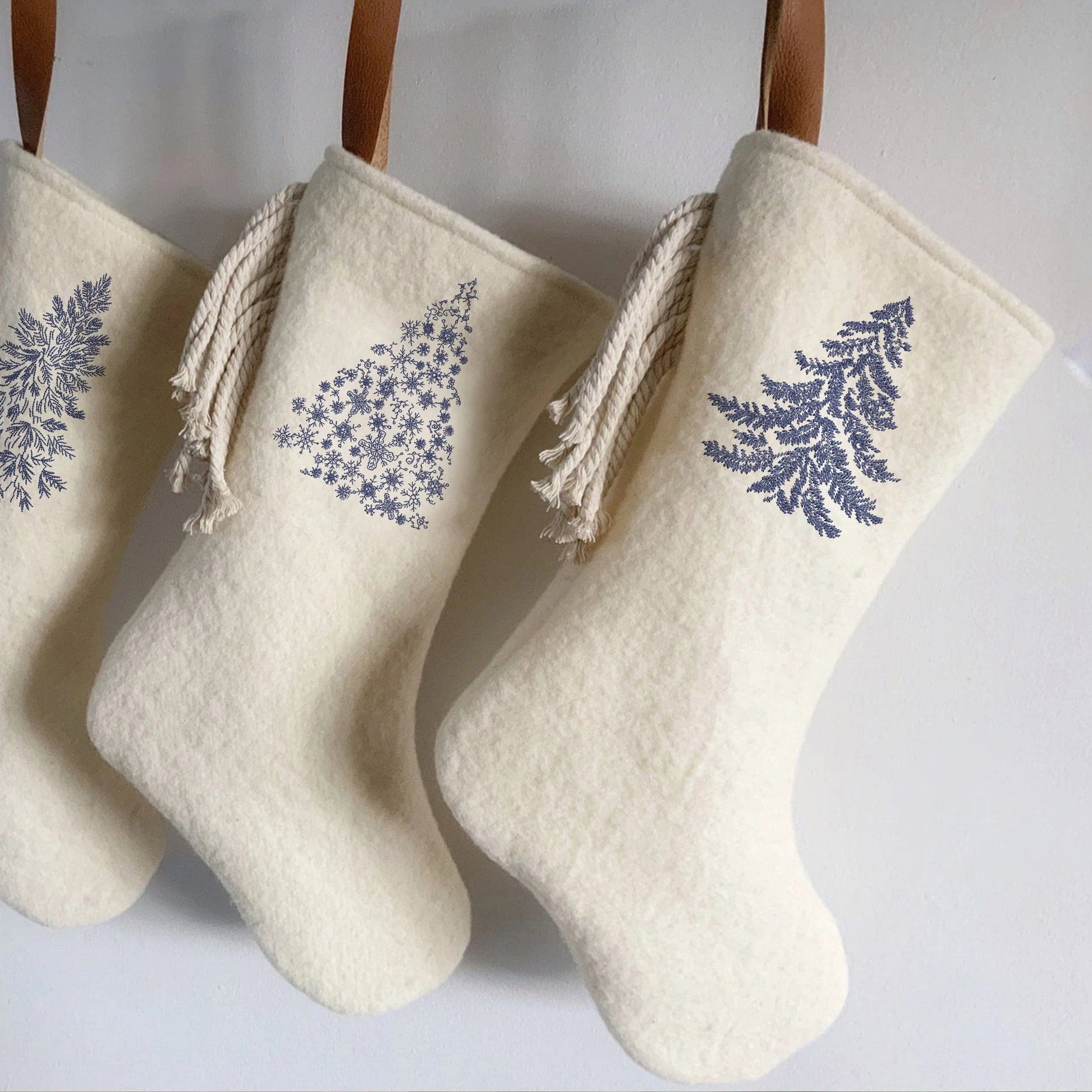 Chinoiserie Blue and White Tree machine embroidery design on Christmas stockings