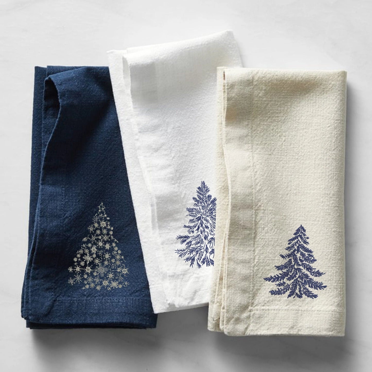 Chinoiserie Christmas Blue and White Tree machine embroidery design set on towels