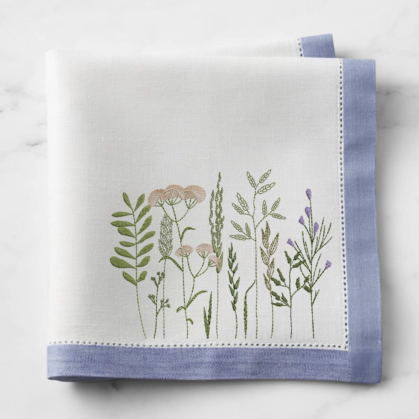 Meadow wildflower machine embroidery design set on napkin