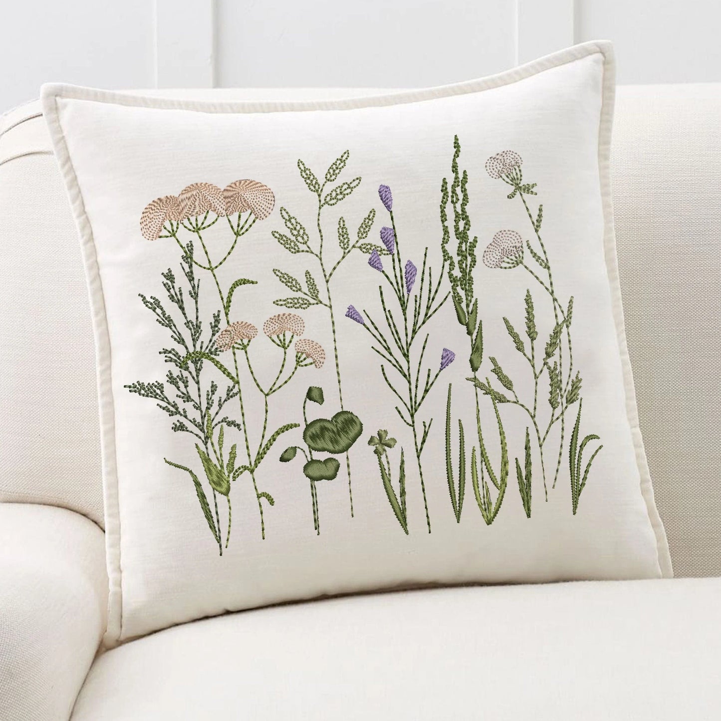 Meadow wildflower machine embroidery design set on pillow