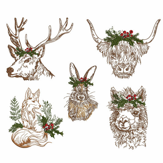 Christmas highland cow, llama, deer, rabbit, fox Machine Embroidery Design Bundle 