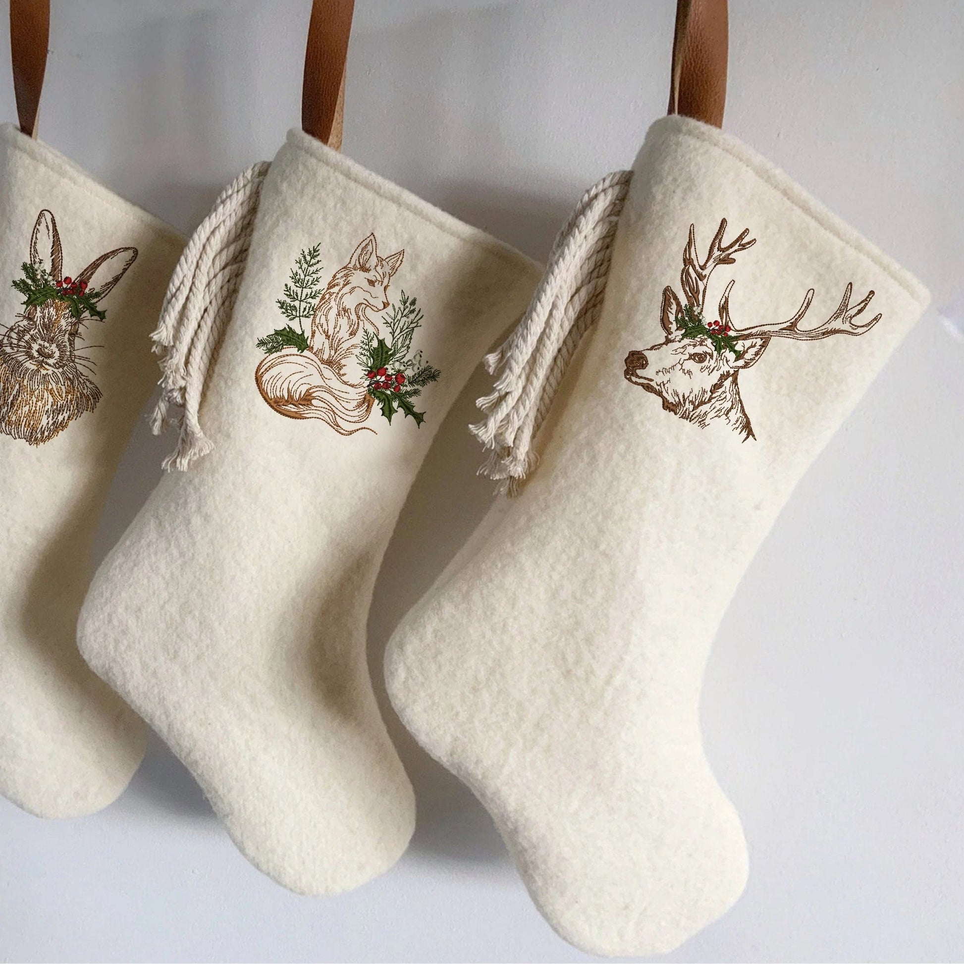 Christmas deer, rabbit, fox Machine Embroidery Design on stockings