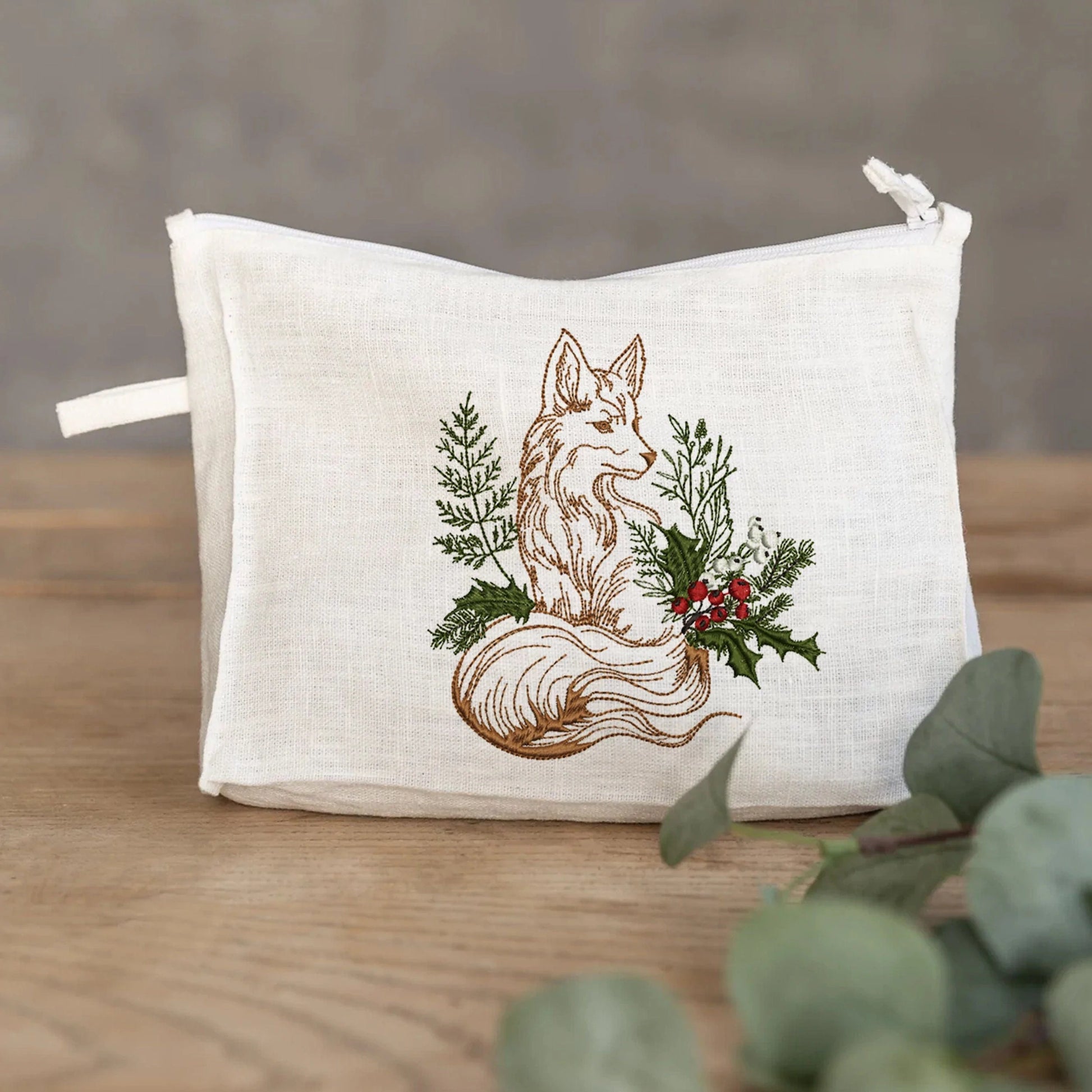 Christmas fox Machine Embroidery Design on gift cosmetic bag