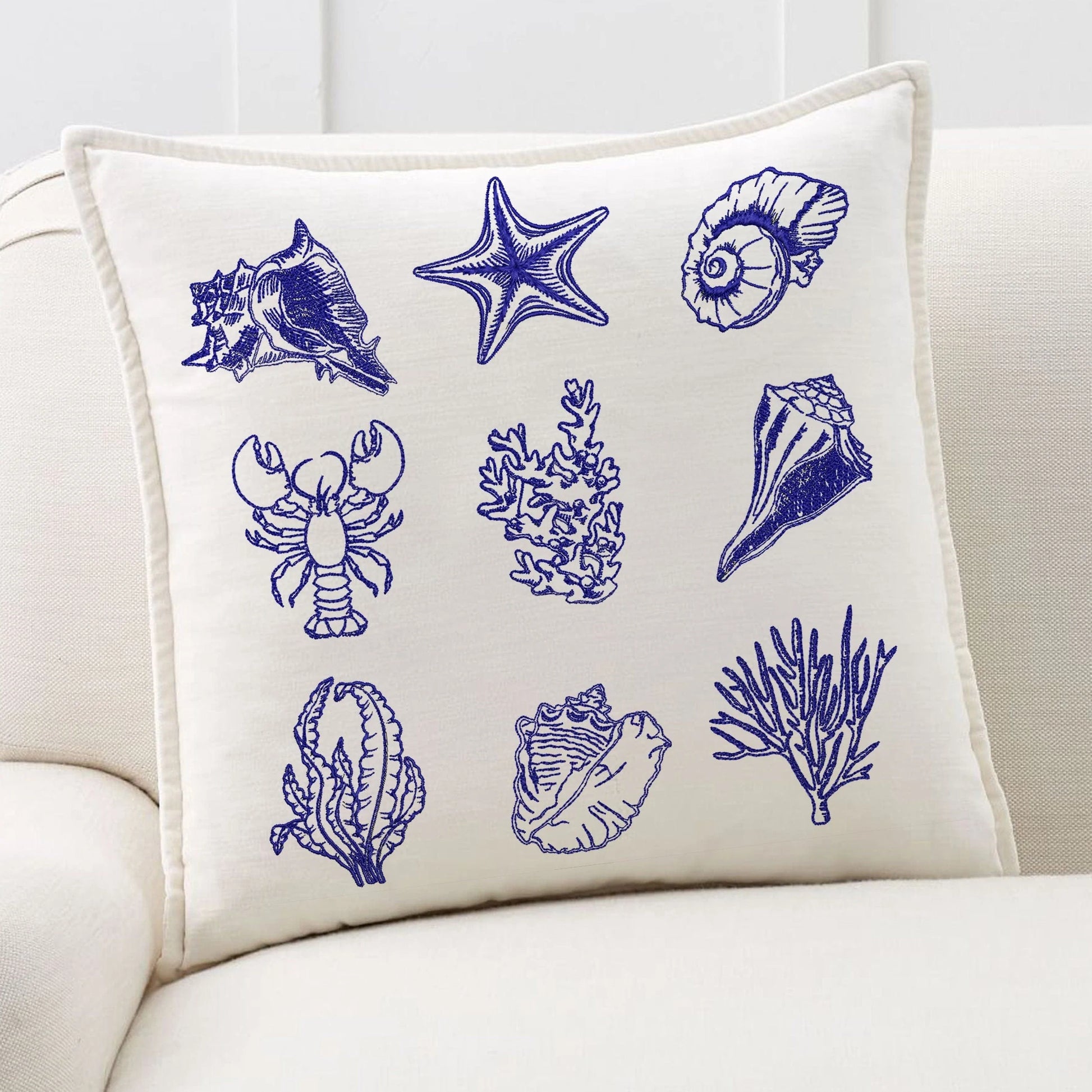 Chinoiserie sea shell nautical machine embroidery design bundle on pillow