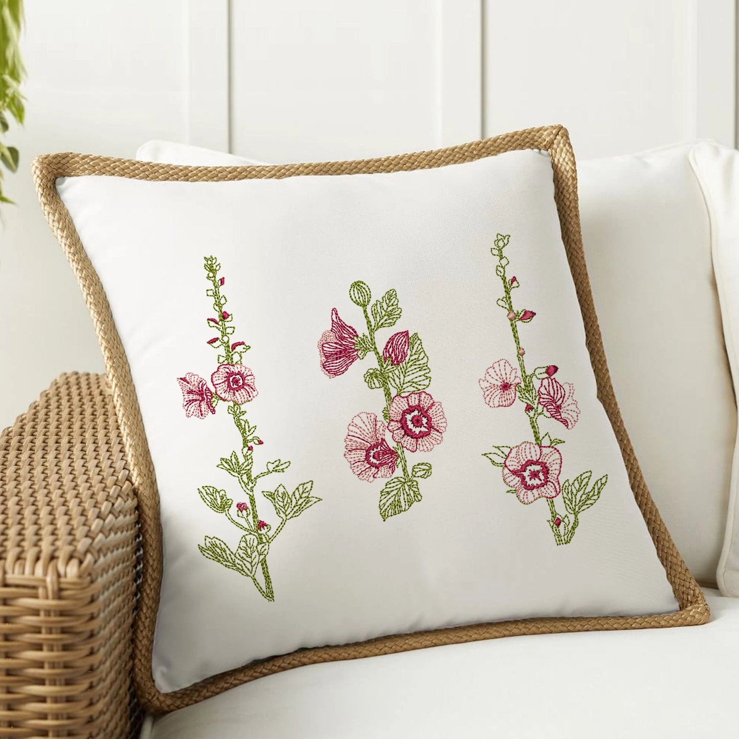 Alcea Flower Machine Embroidery Design on rustic style pillow
