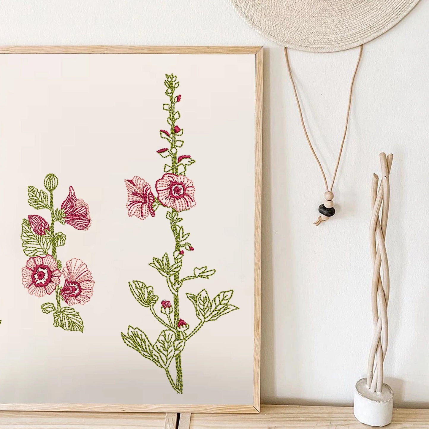 Alcea Flower Machine Embroidery Design framed