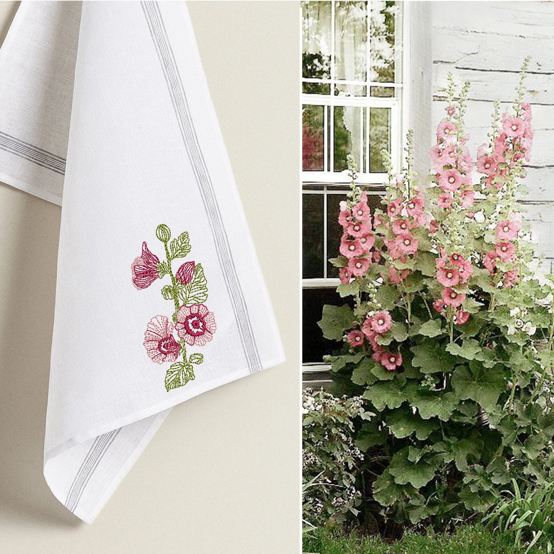 Alcea Flower Machine Embroidery Design on country house style towel