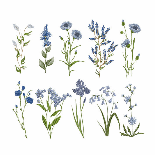 Blue wild flowers machine embroidery design bundle