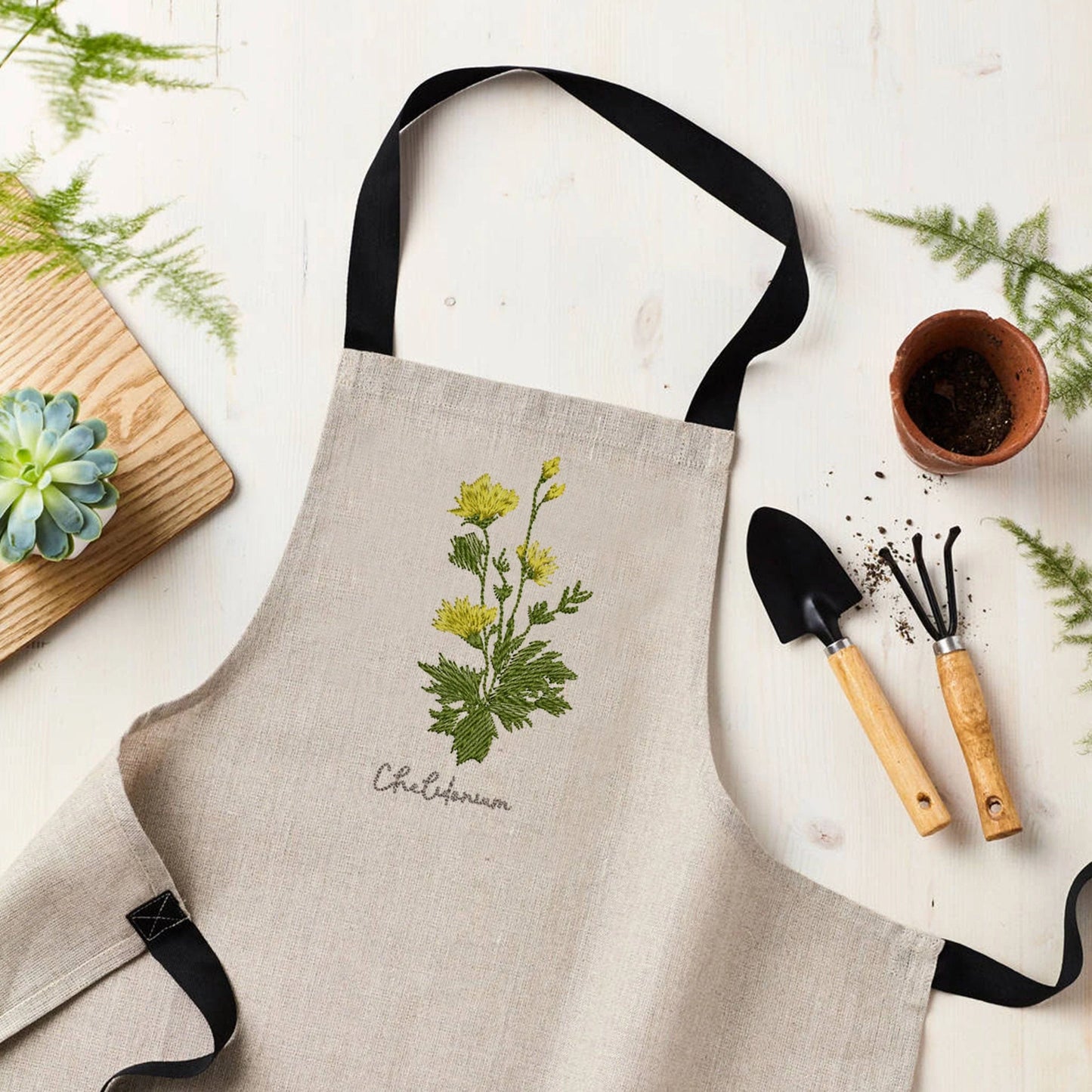 Chelidonium wildflower herb machine embroidery design on apron