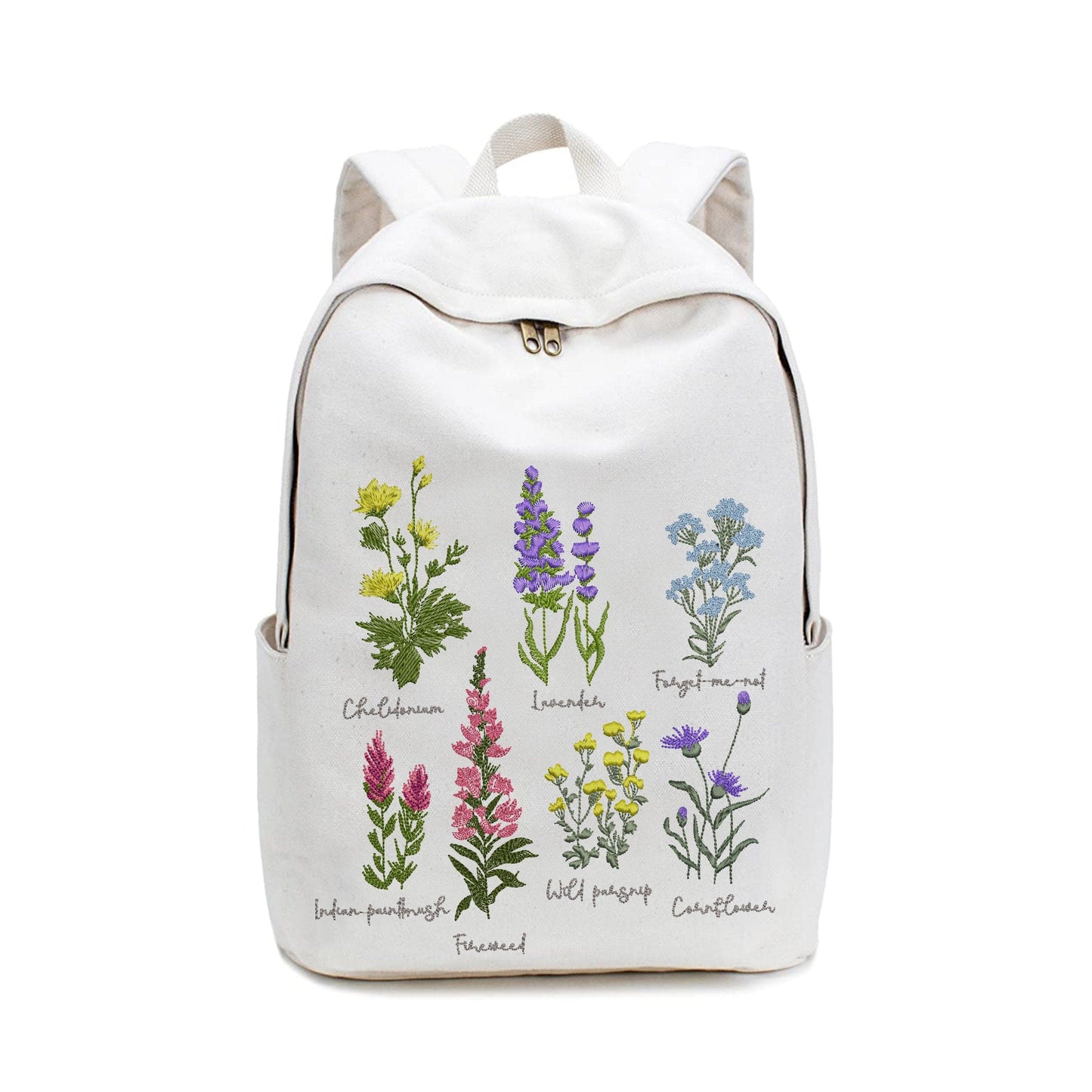 7 British Wildflowers machine embroidery design bundle on backpack