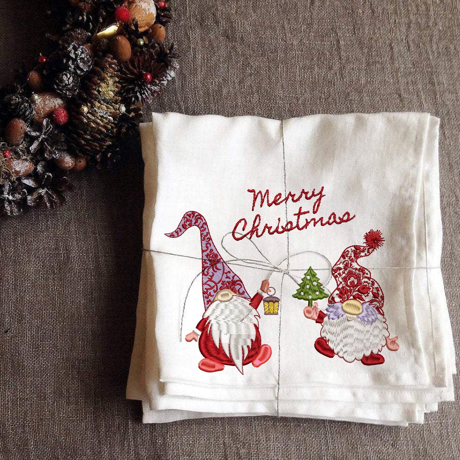 Chinoiserie Christmas Gnome Machine Embroidery Design Set on towel