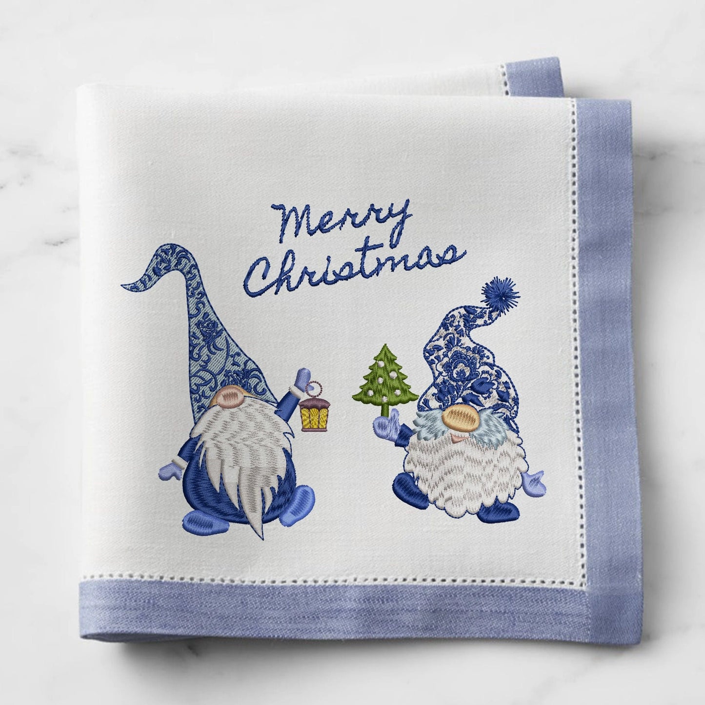 Chinoiserie Christmas Gnome Machine Embroidery Design Set on napkin