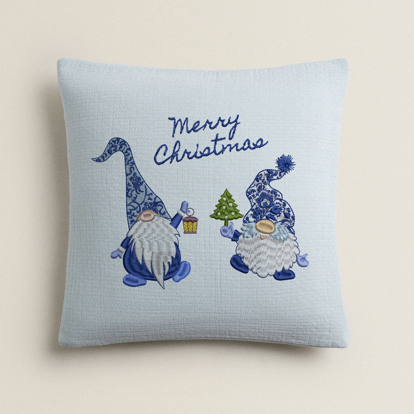 Chinoiserie Christmas Gnome Machine Embroidery Design Set on pillow