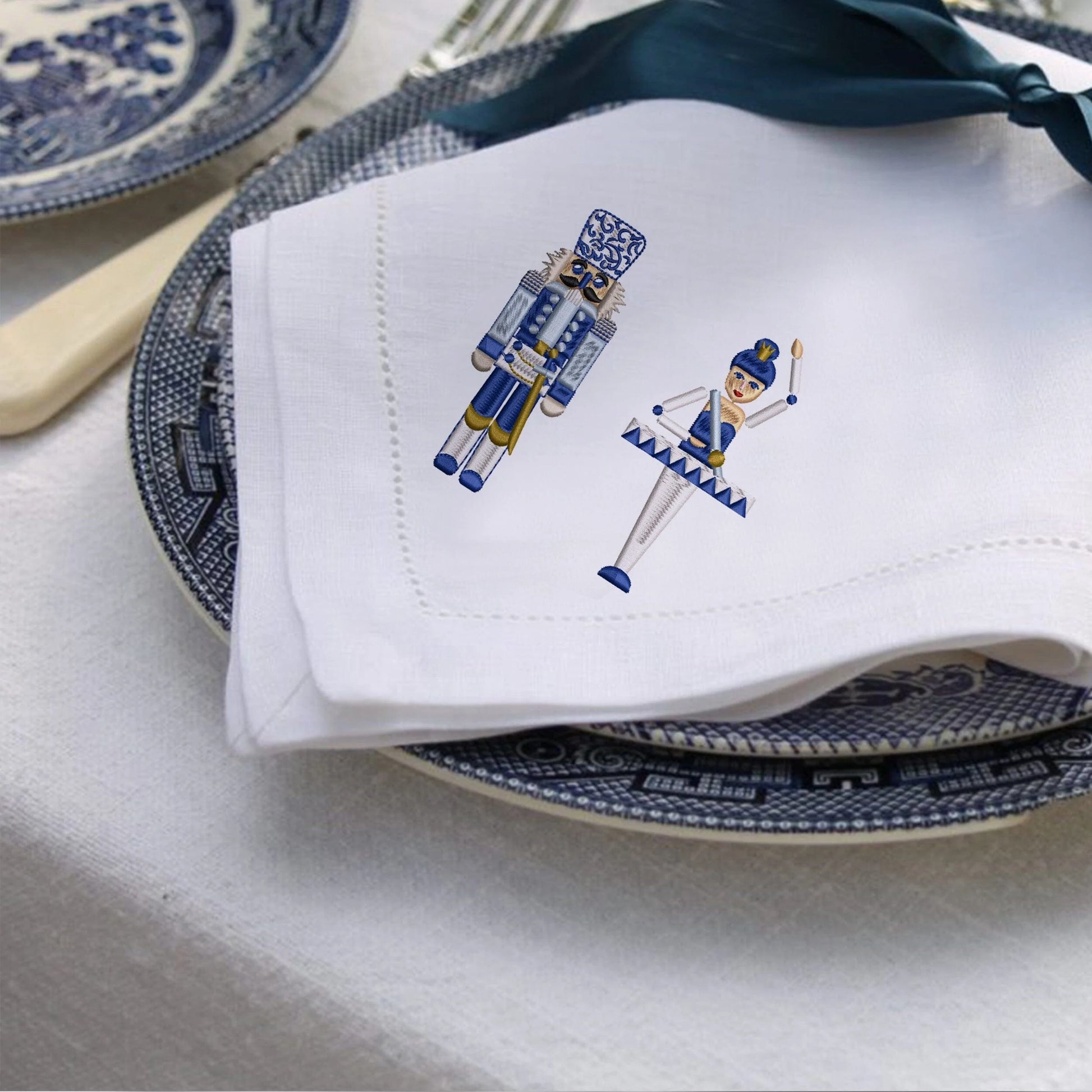 Christmas Nutcracker and Ballerina machine embroidery design set on Chinoiserie style napkin