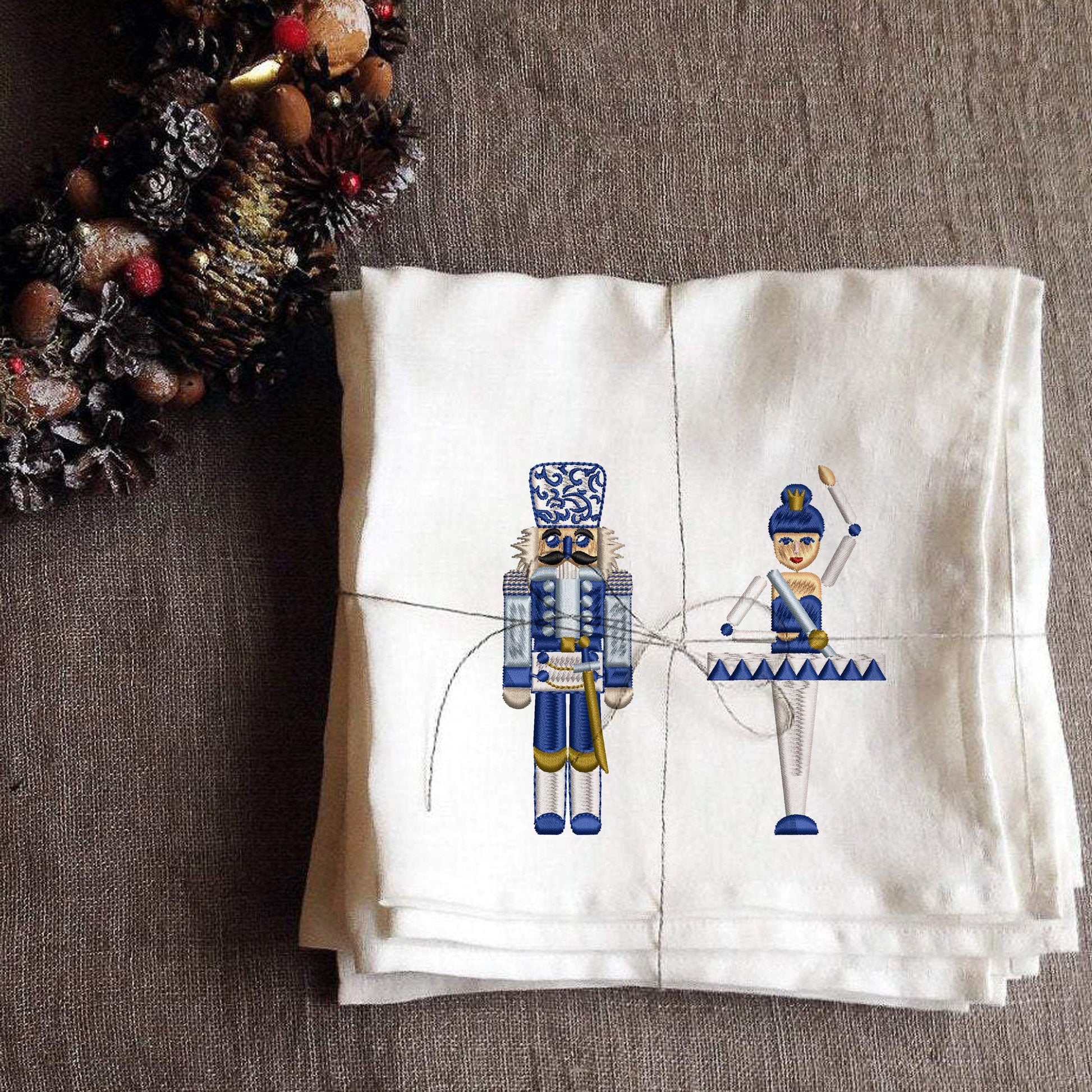 Christmas Nutcracker and Ballerina machine embroidery design set on napkin