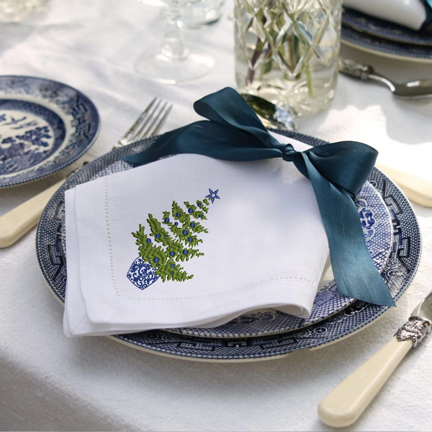Chinoiserie Christmas Tree Machine Embroidery Design on napkin