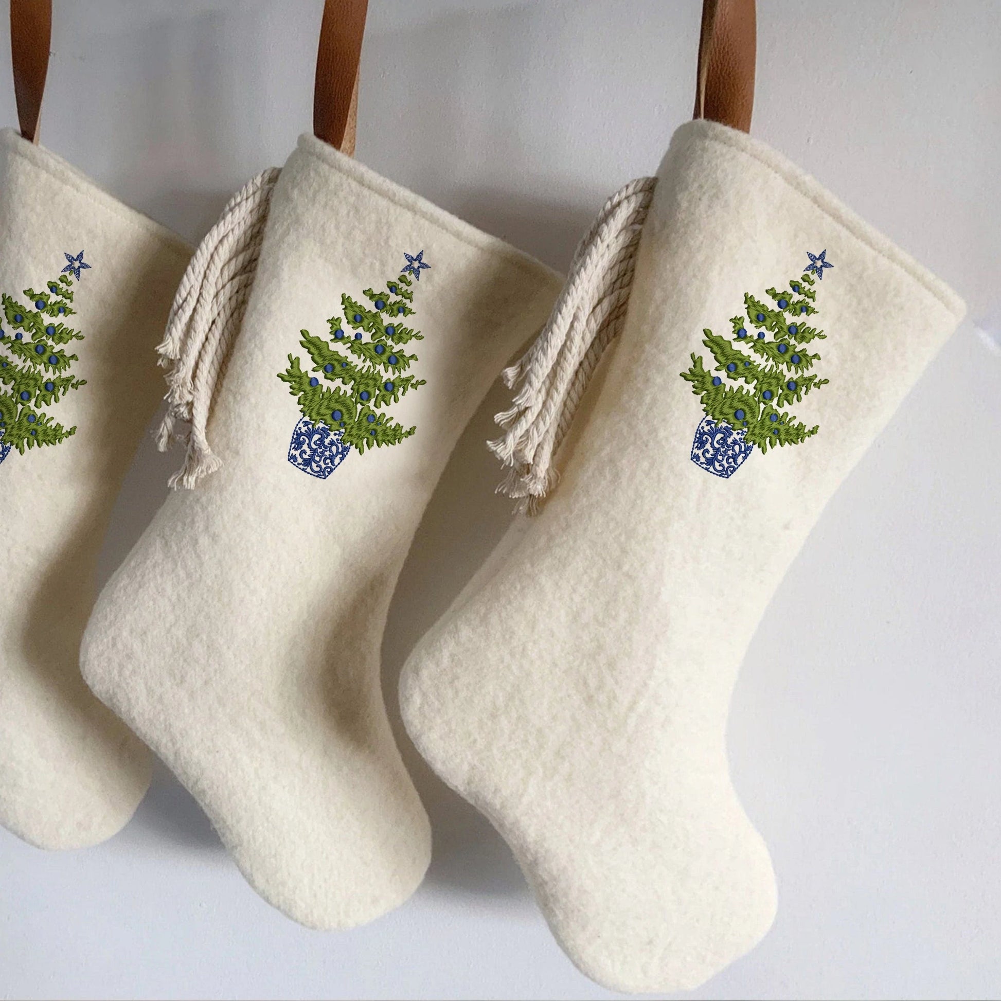Scandinavian Tree Machine Embroidery Design on Christmas stockings
