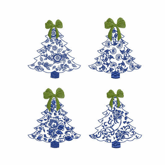 4 Chinoiserie Christmas Tree with a bow machine embroidery designs 
