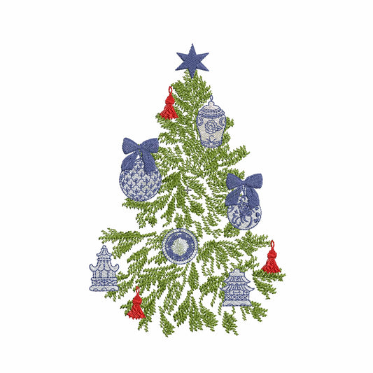 Chinoiserie Christmas Tree with Ornaments Machine Embroidery Design
