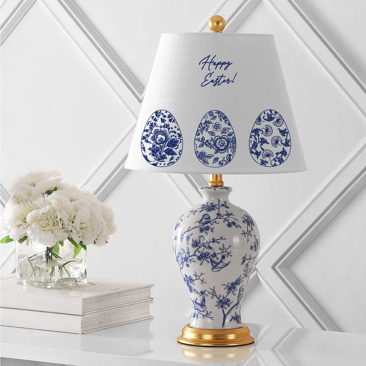 Chinoiserie Easter egg with a bow machine embroidery design on lamp