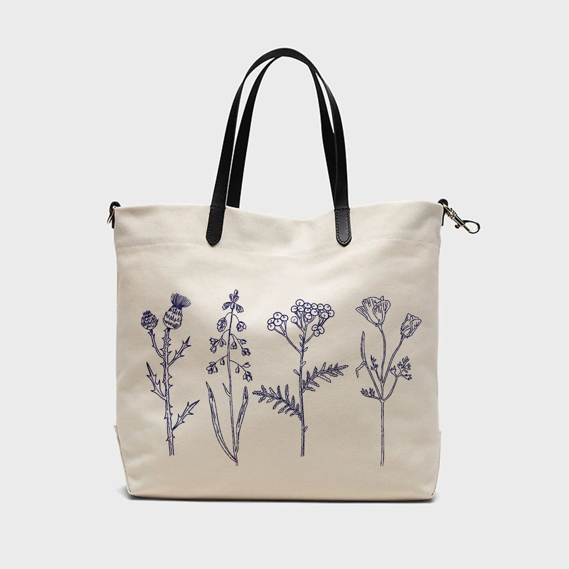 Chinoiserie Meadow Flowers Machine Embroidery Design on linen handbag