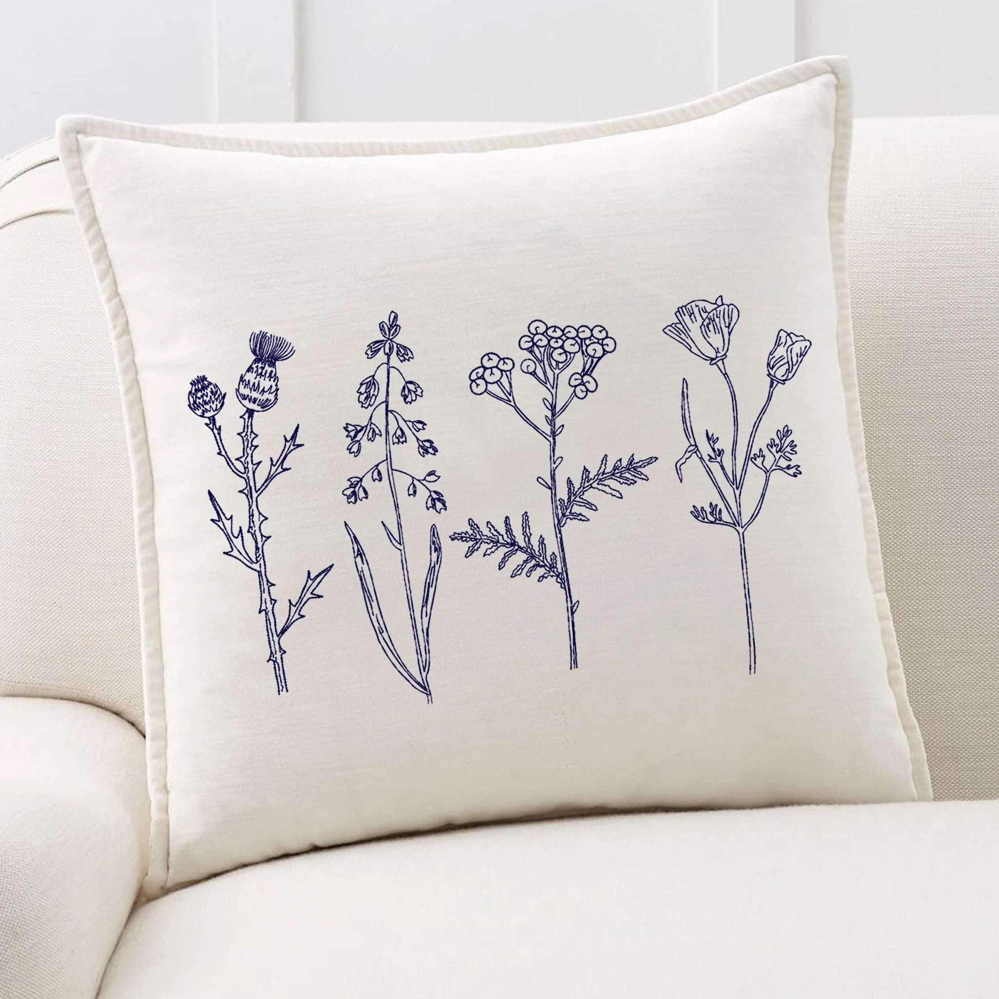 Chinoiserie Meadow Flowers Machine Embroidery Design on pillow