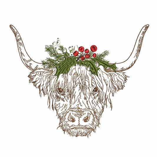 Christmas Highland Cow Machine Embroidery Design