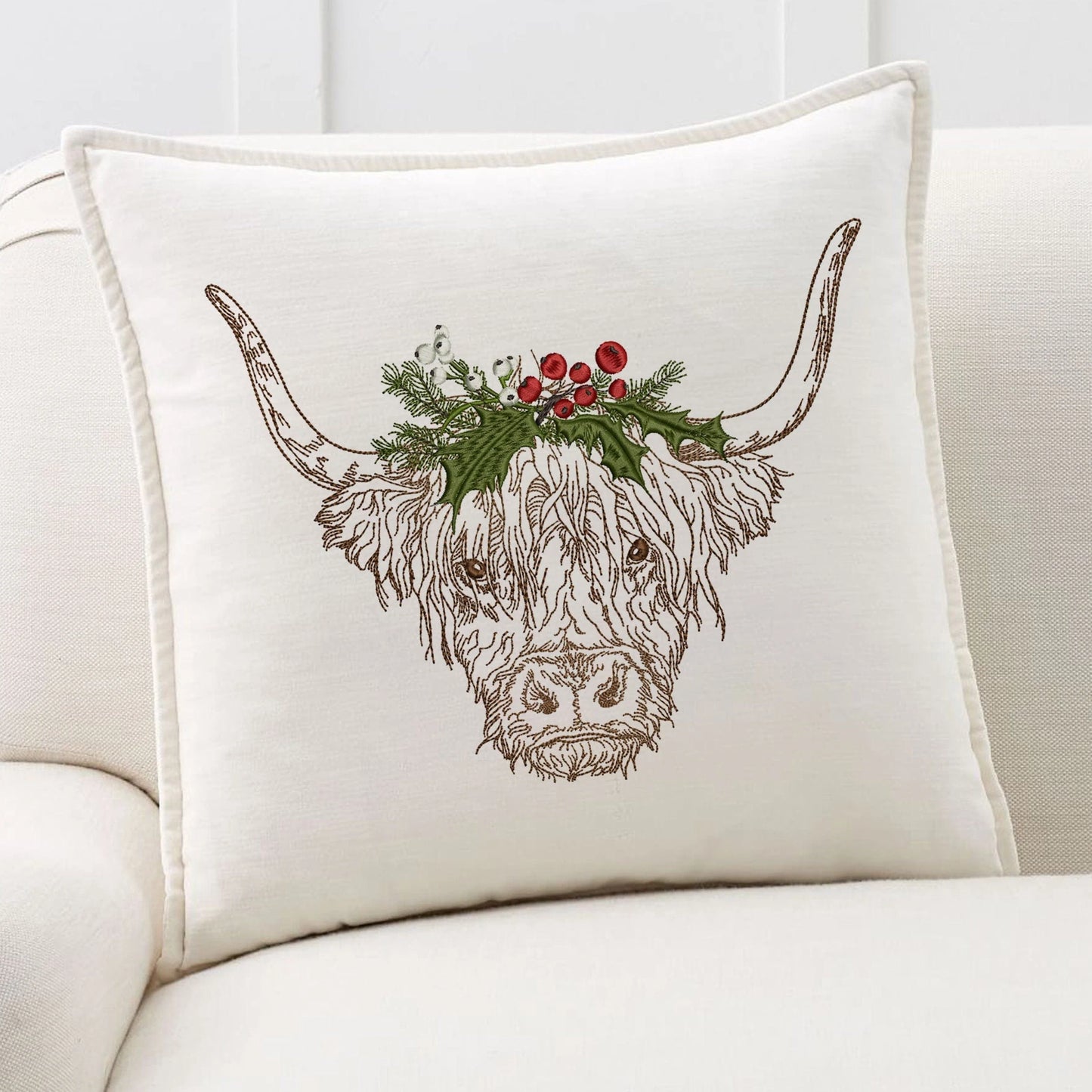 Christmas Highland Cow Machine Embroidery Design on pillow