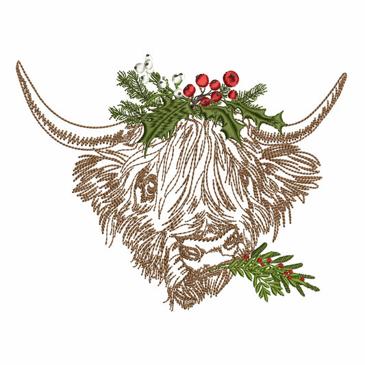 Pretty Christmas Highland Cow Machine Embroidery Design