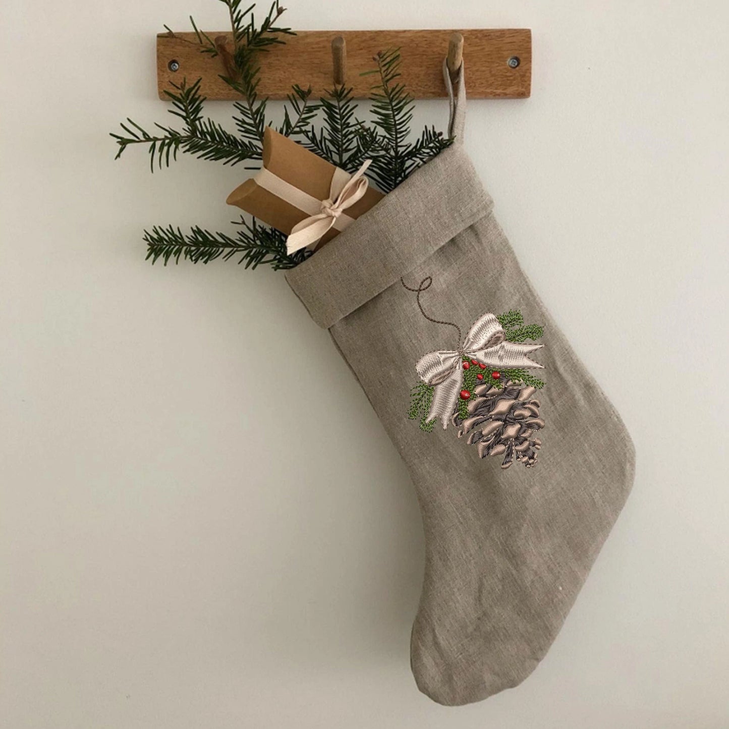 Christmas Pine Cone Machine Embroidery Design on linen stocking