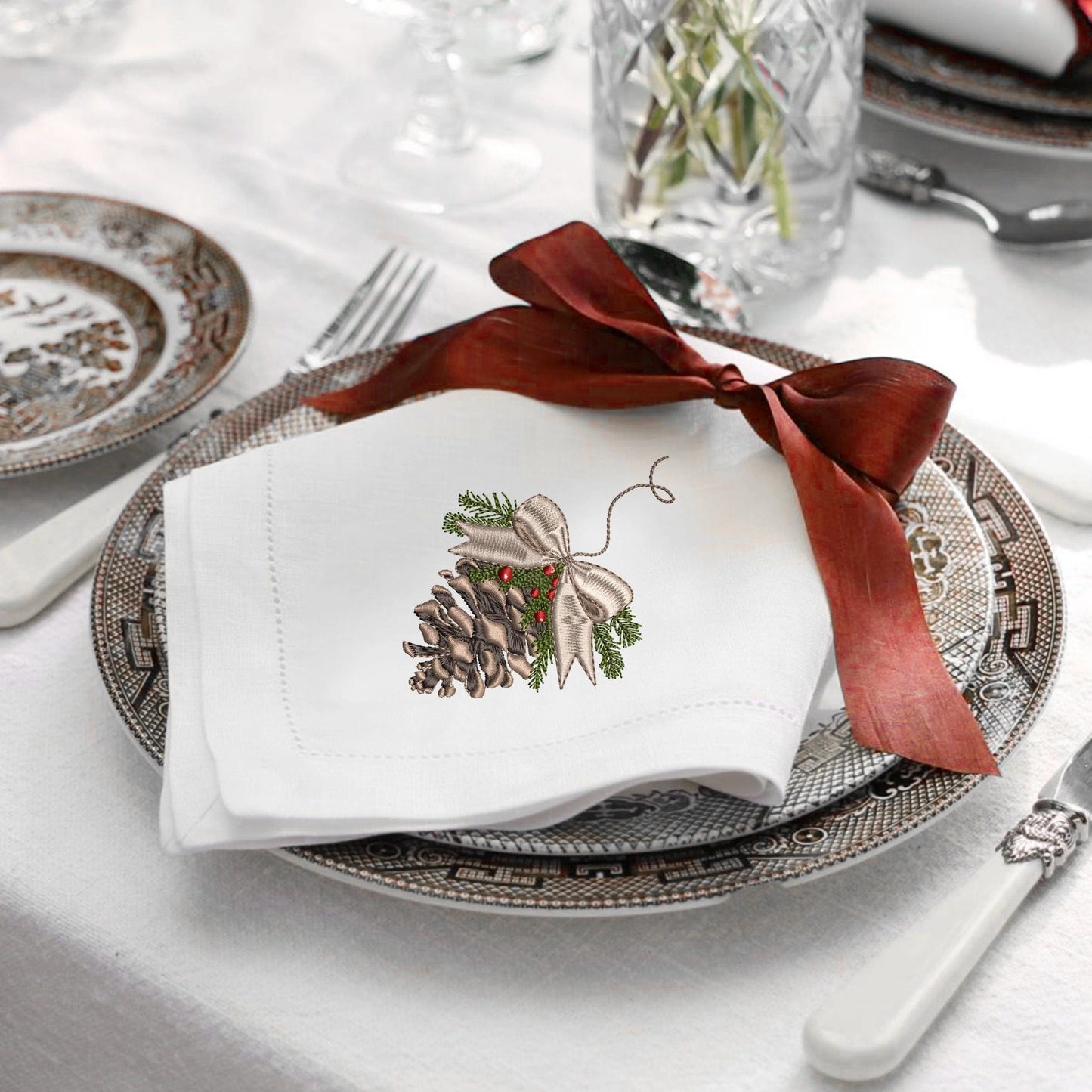 Christmas Pine Cone Machine Embroidery Design on table napkin