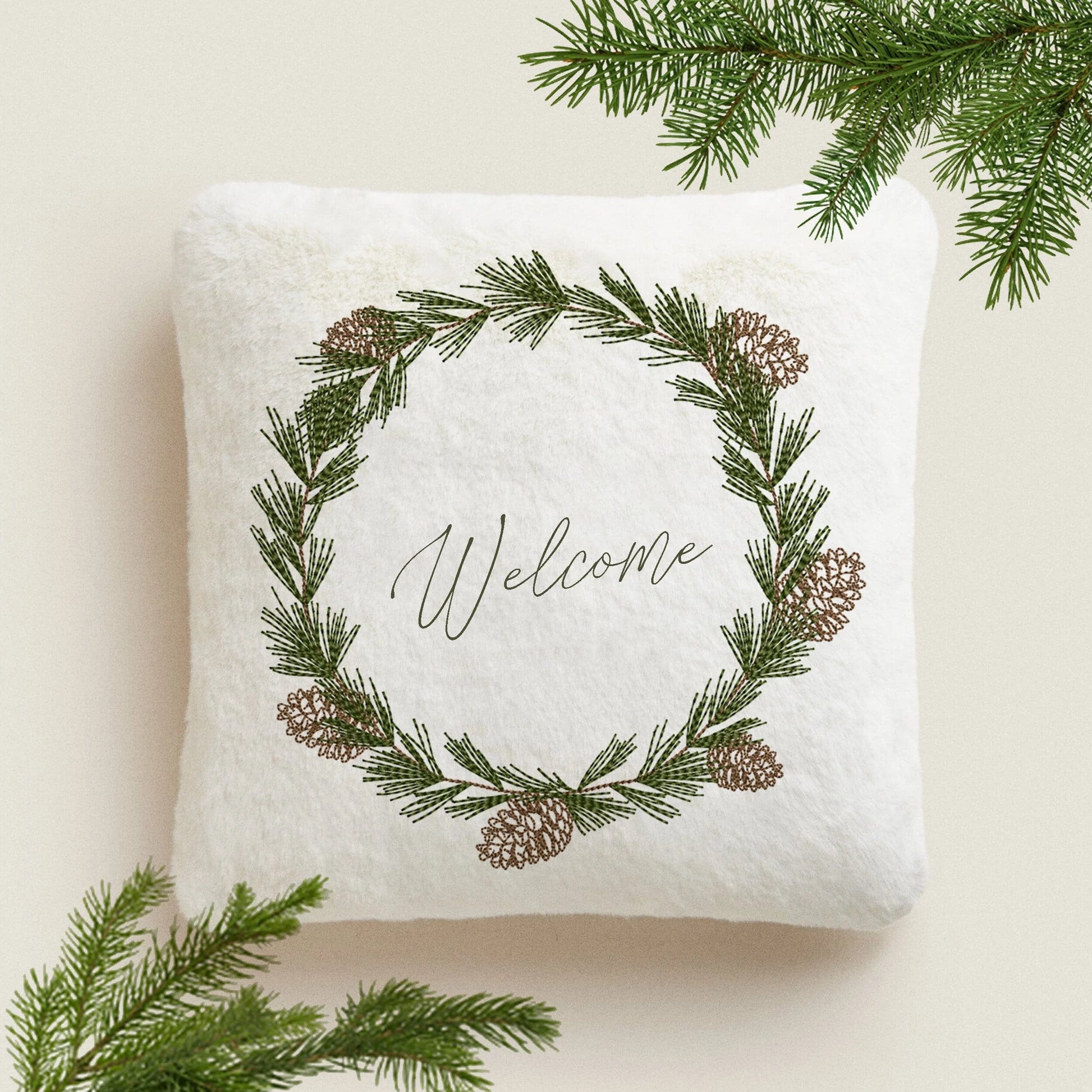 Christmas Pine Tree Monogram Wreath Machine Embroidery Design on pillow