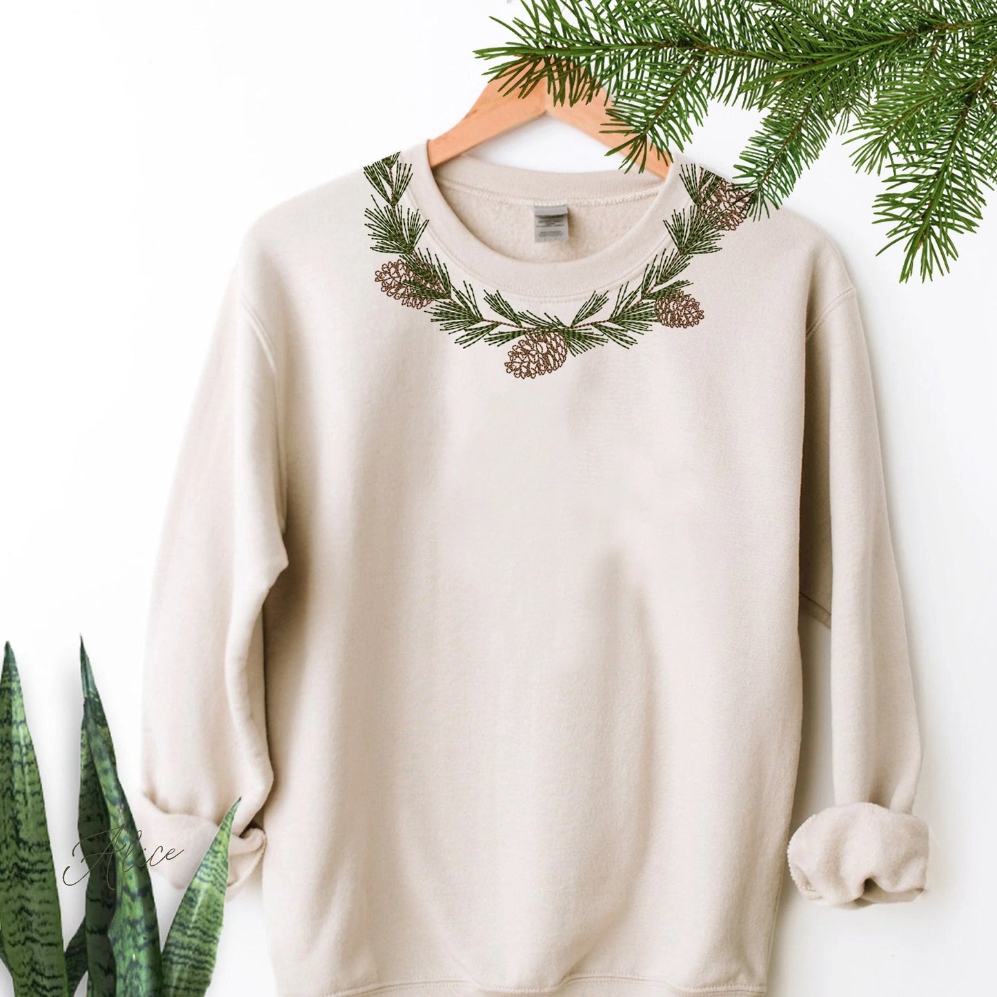 Christmas Pine Tree Monogram Wreath Machine Embroidery Design on blouse
