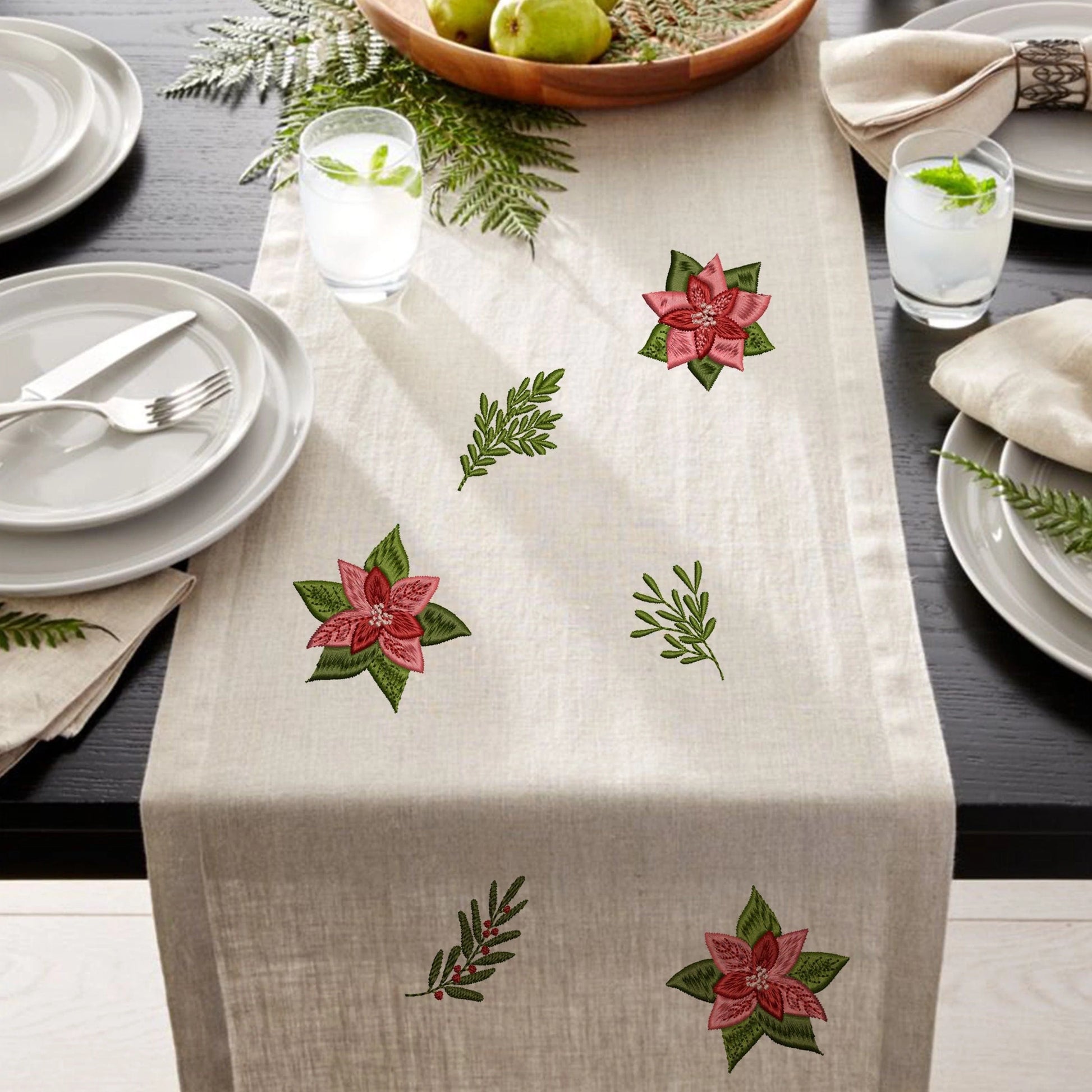 Christmas Poinsettia Machine Embroidery Design Bundle on table runner