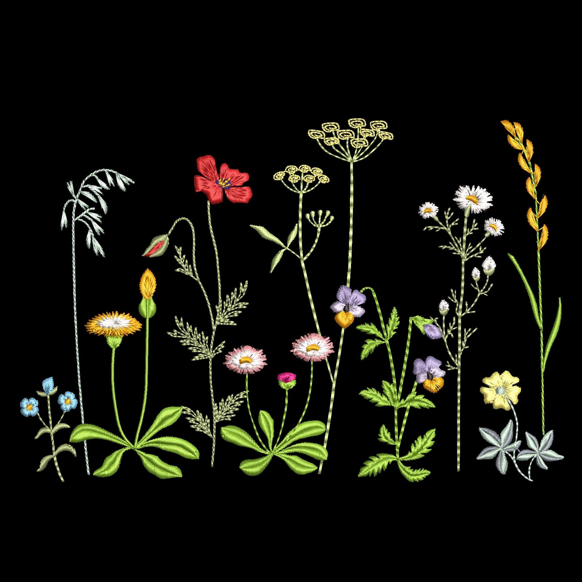 Danish Meadow Flowers Machine Embroidery Design on black background