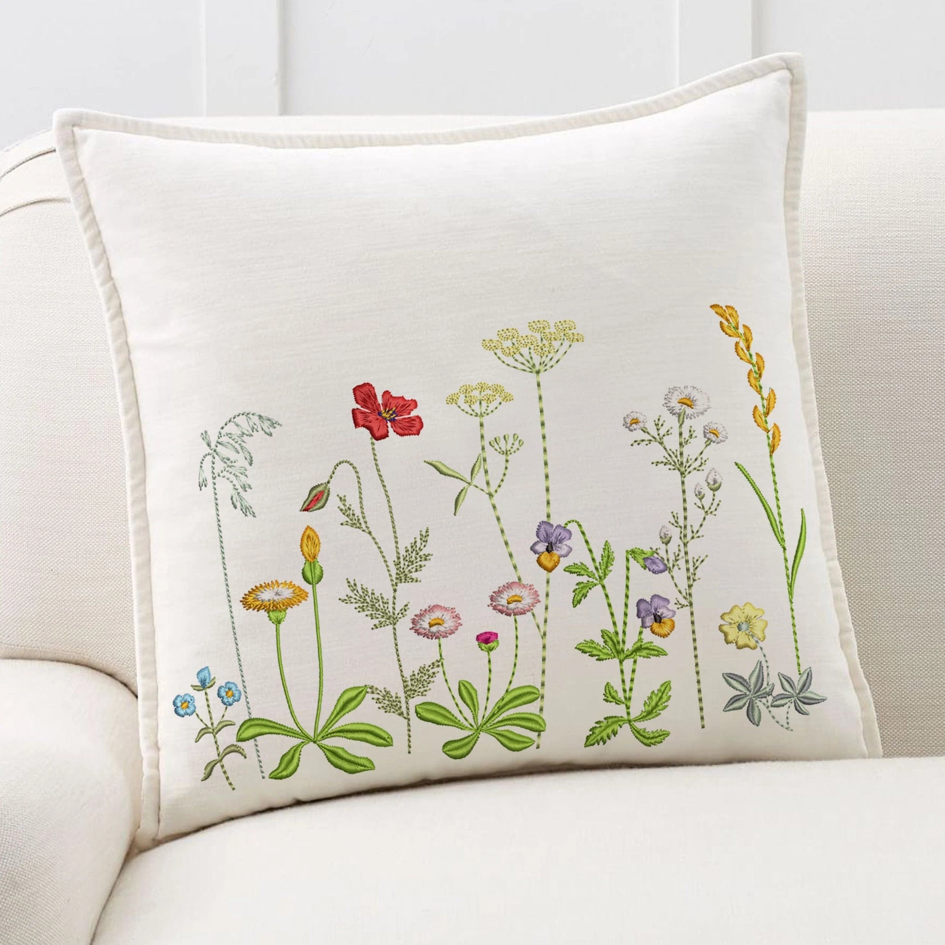 Danish Meadow Flowers Machine Embroidery Design on pillow