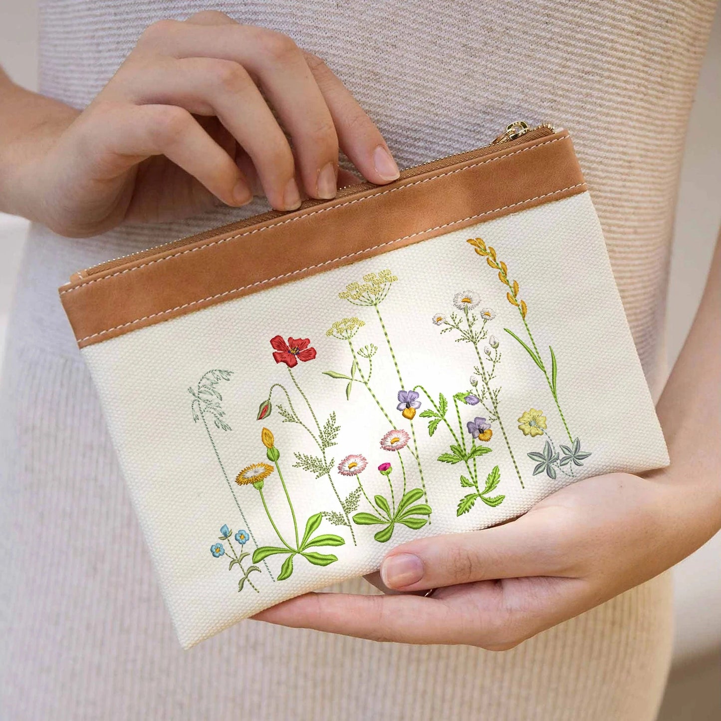 Danish Meadow Flowers Machine Embroidery Design on pouch