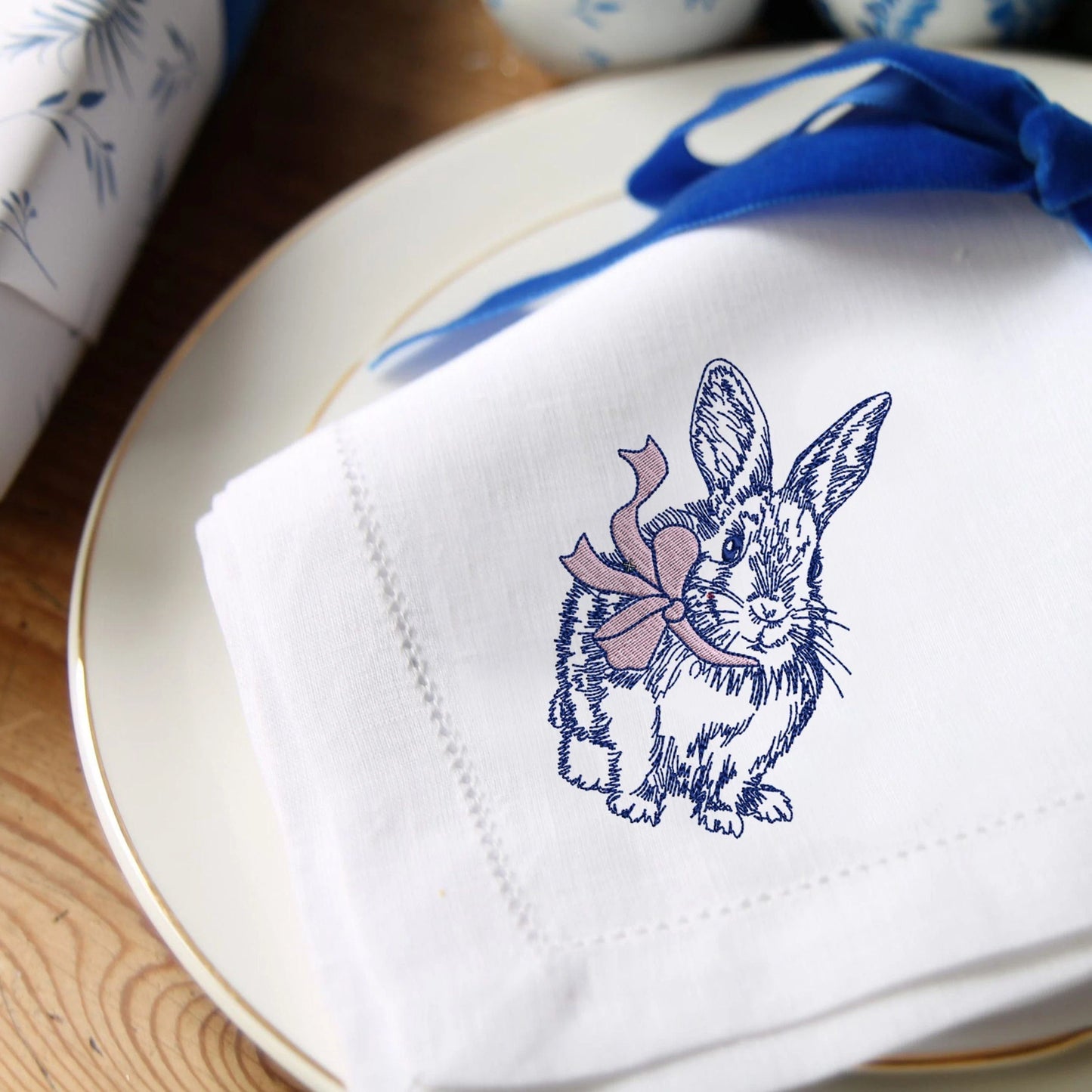 Easter Bunny with a bow Machine Embroidery Design on napkin