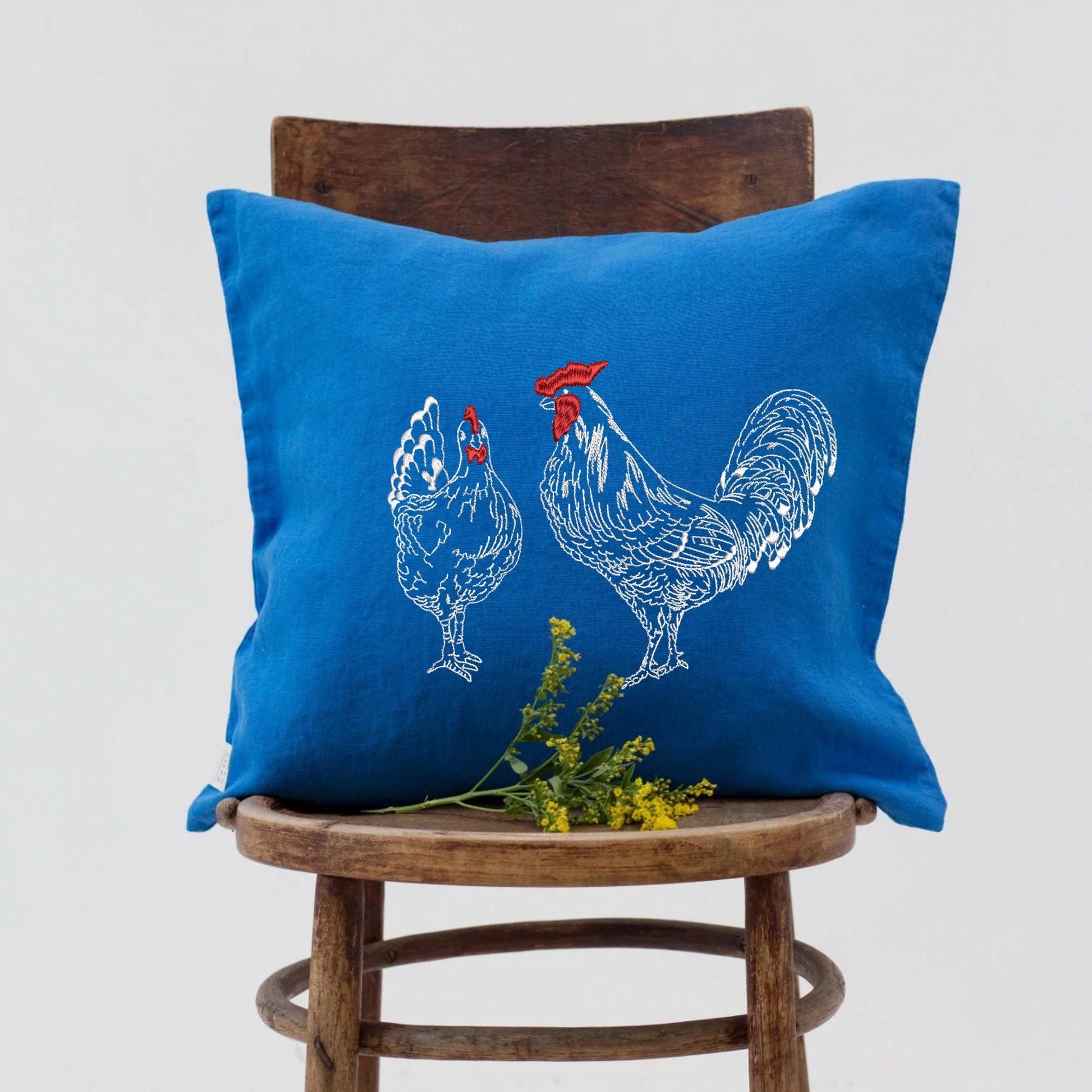 Easter Chicken and Hen Machine Embroidery Design on blue pillow