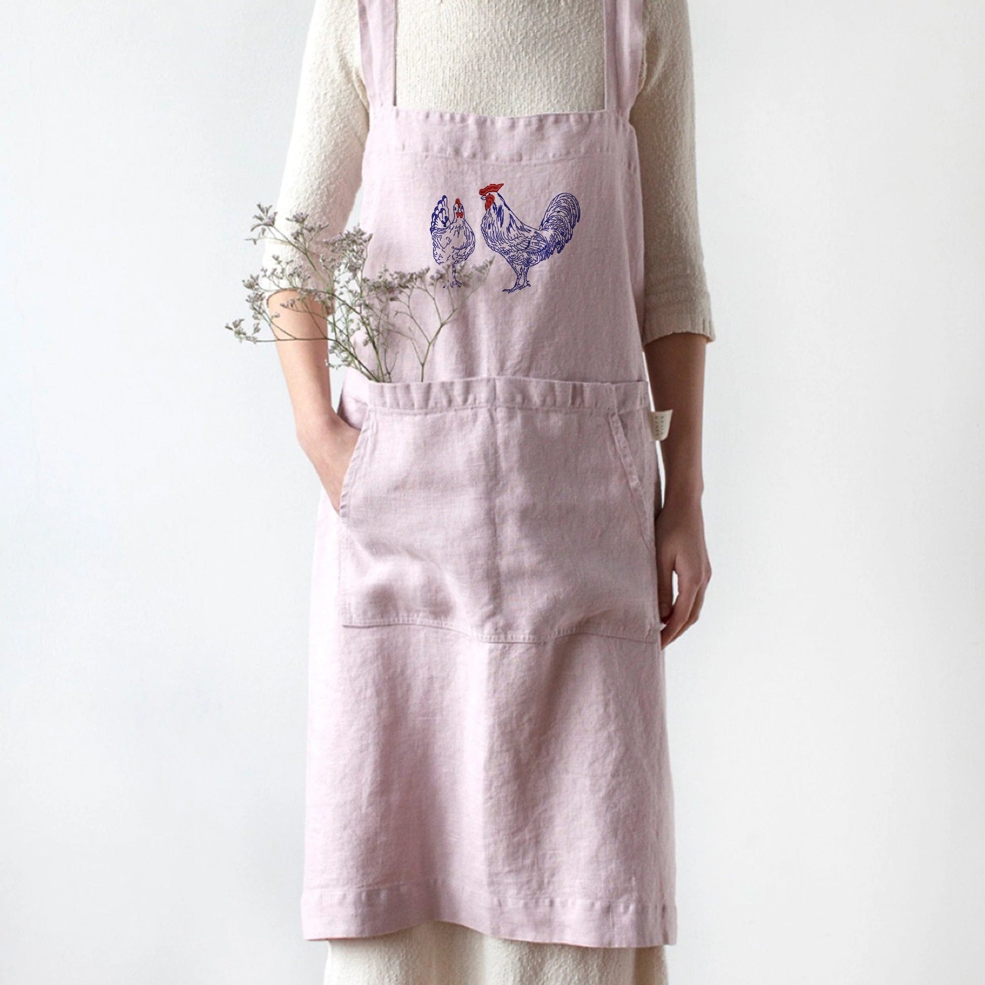 Easter Chicken and Hen Machine Embroidery Design on linen apron
