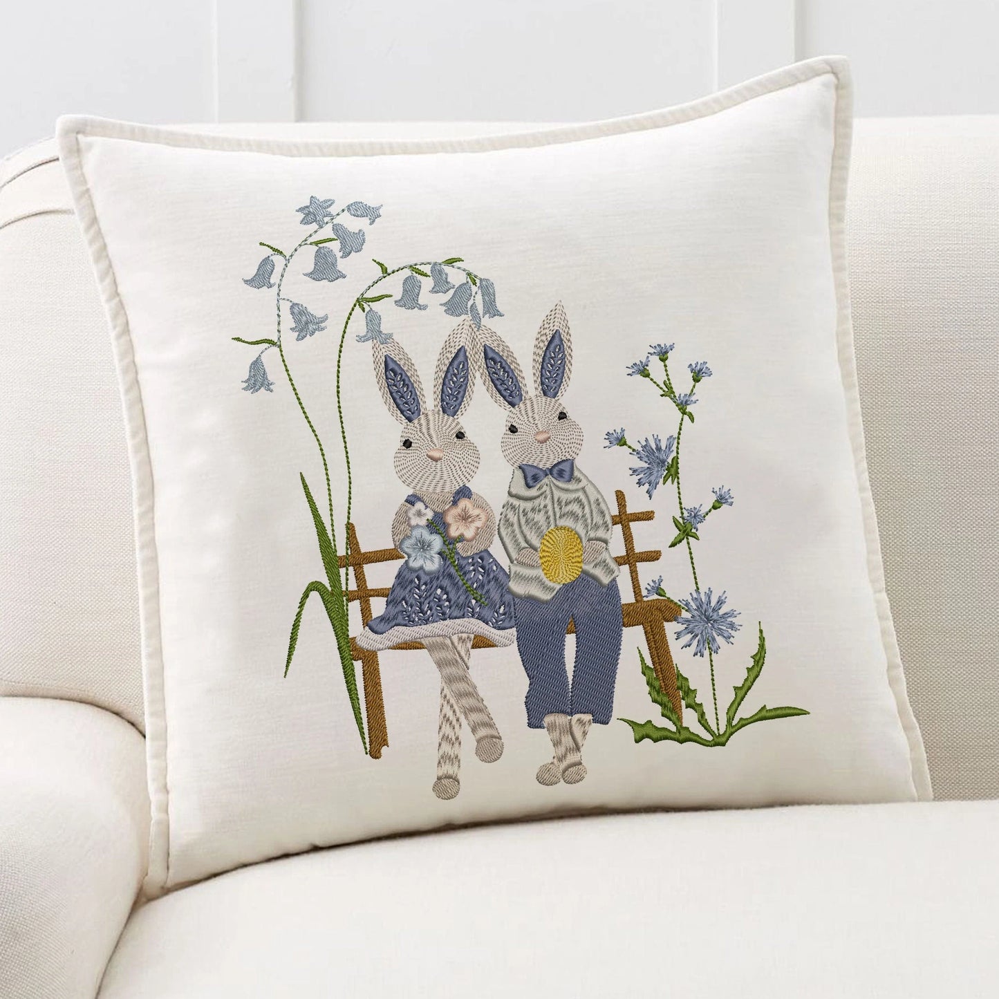 Easter Bunny Couple Machine Embroidery Design on pillow