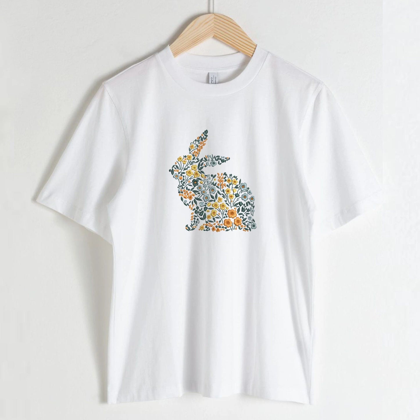 Easter Flower Bunny Machine Embroidery Design on t-shirt and blouse