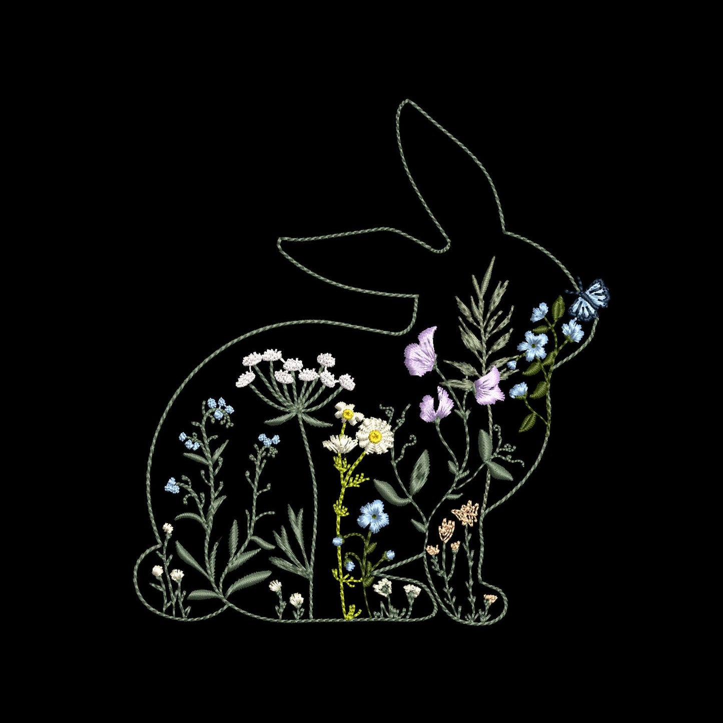 Easter Wildflower Bunny Machine Embroidery Design on black background