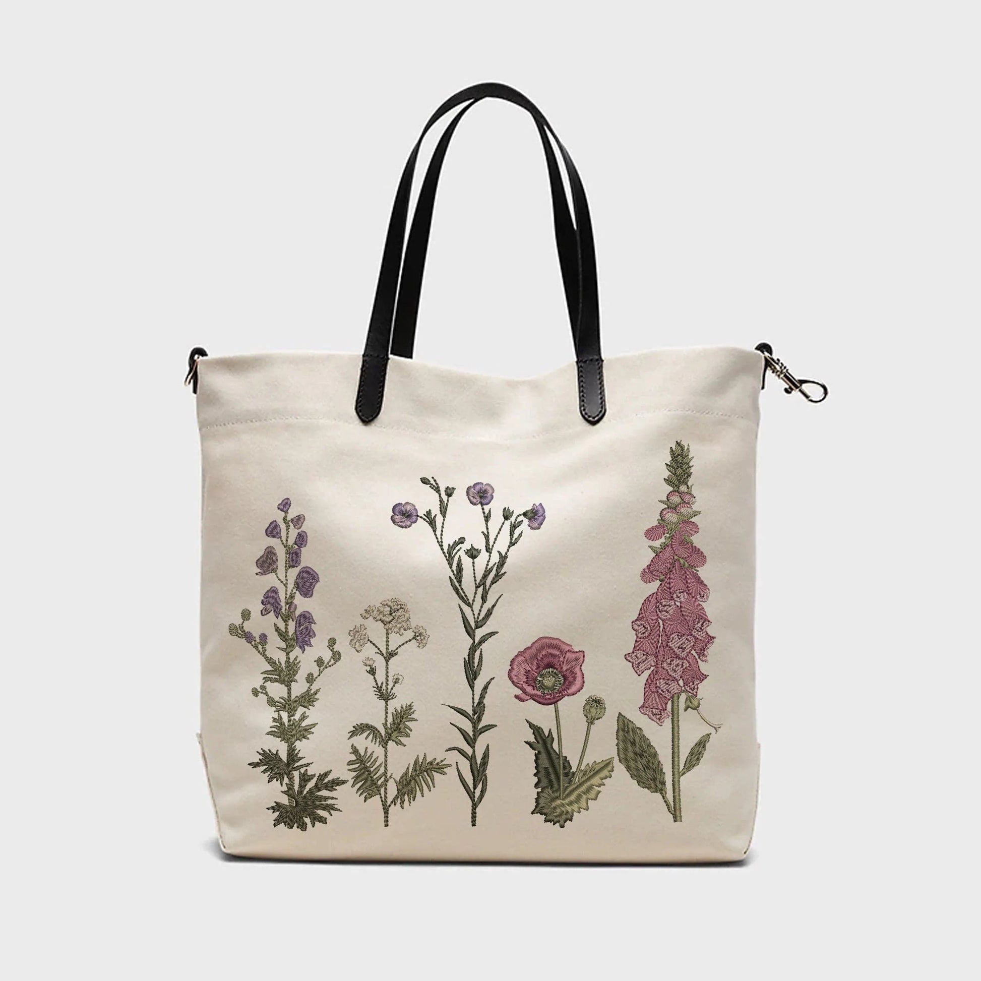 Fairy Garden Flowers Machine Embroidery Design on canvas handbag