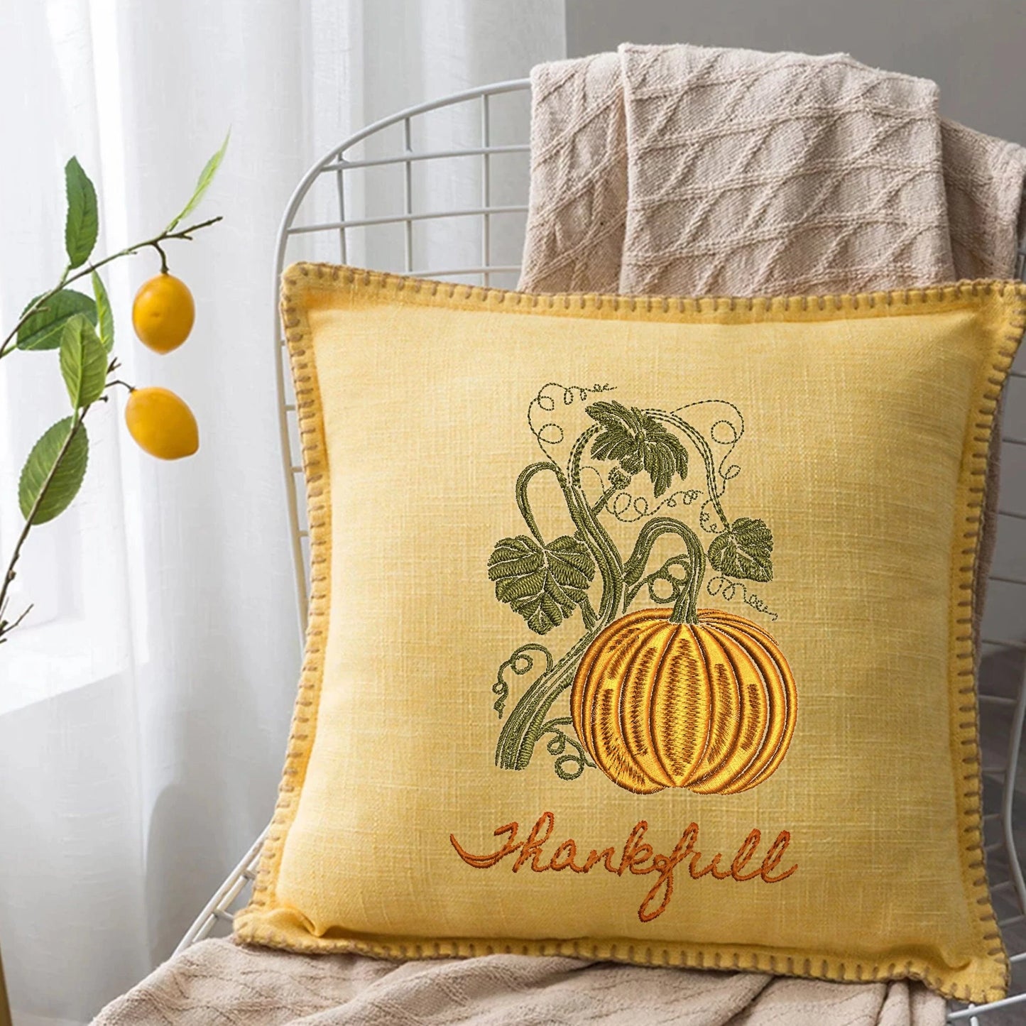 Farmhouse Thanksgiving Pumpkin Machine Embroidery Design Bundle on pillow