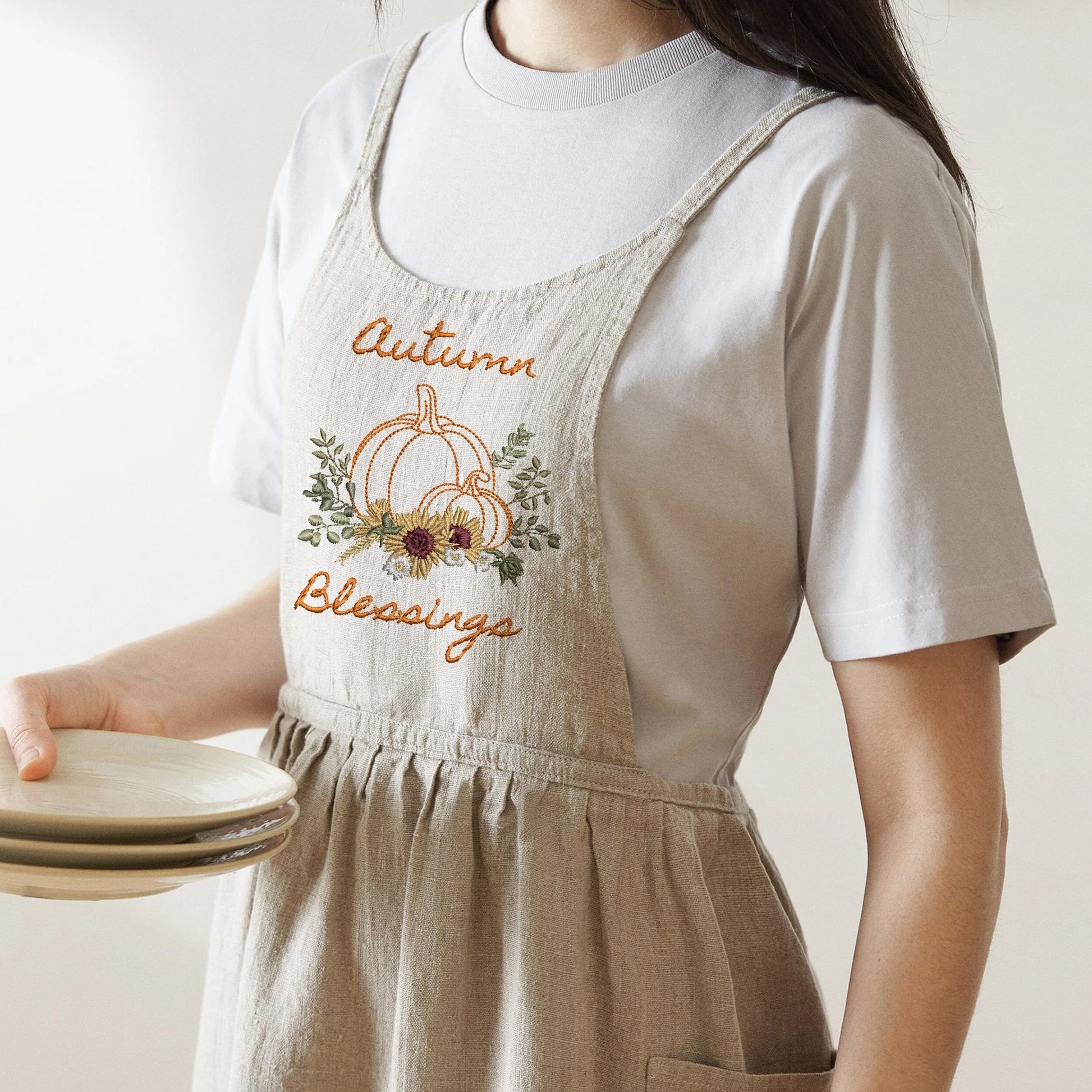Farmhouse Thanksgiving Pumpkin Machine Embroidery Design Bundle on apron