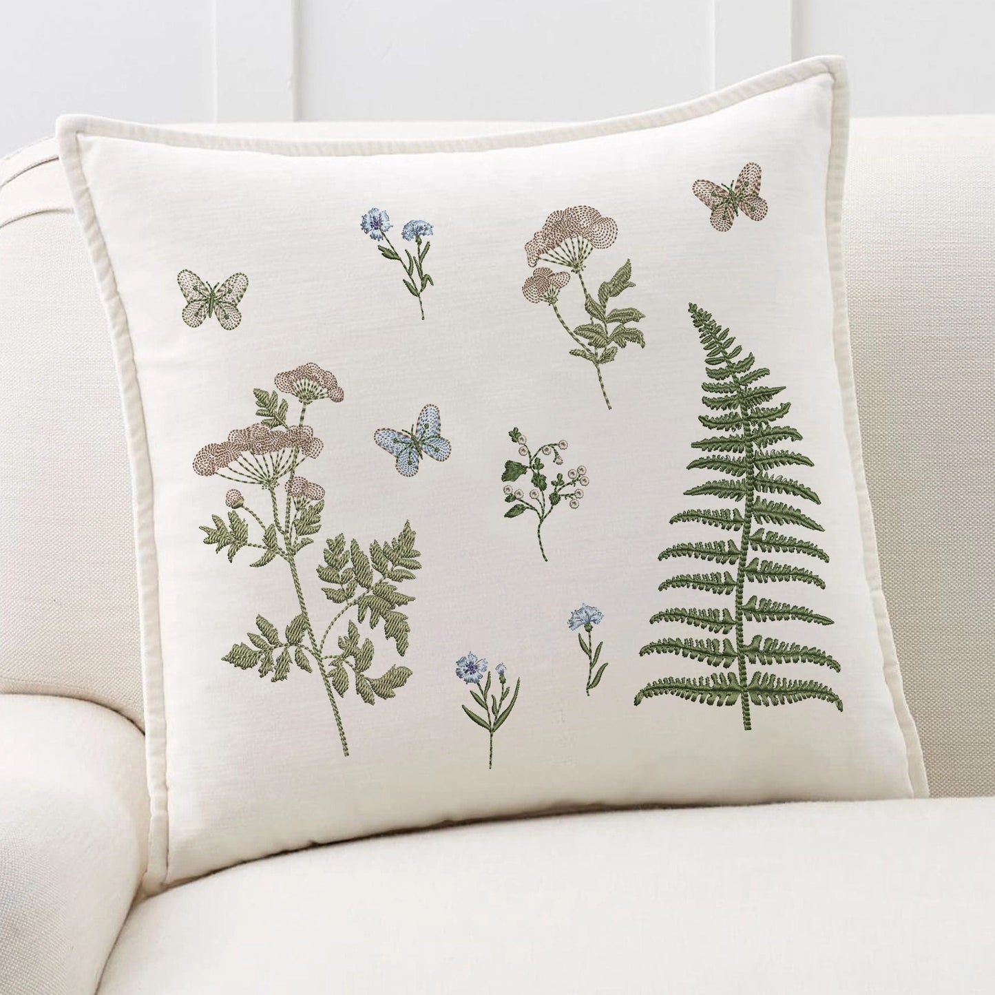 Fern and Flowers Machine Embroidery Design on pillow