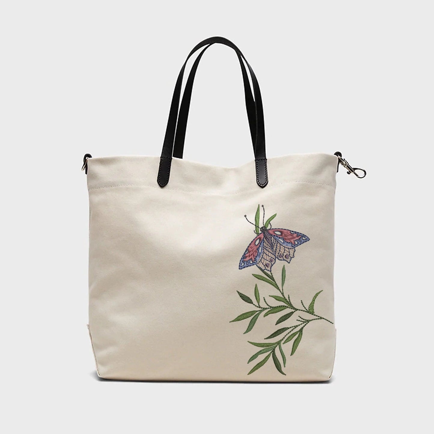 Flower Butterfly Machine Embroidery Design on canvas handbag