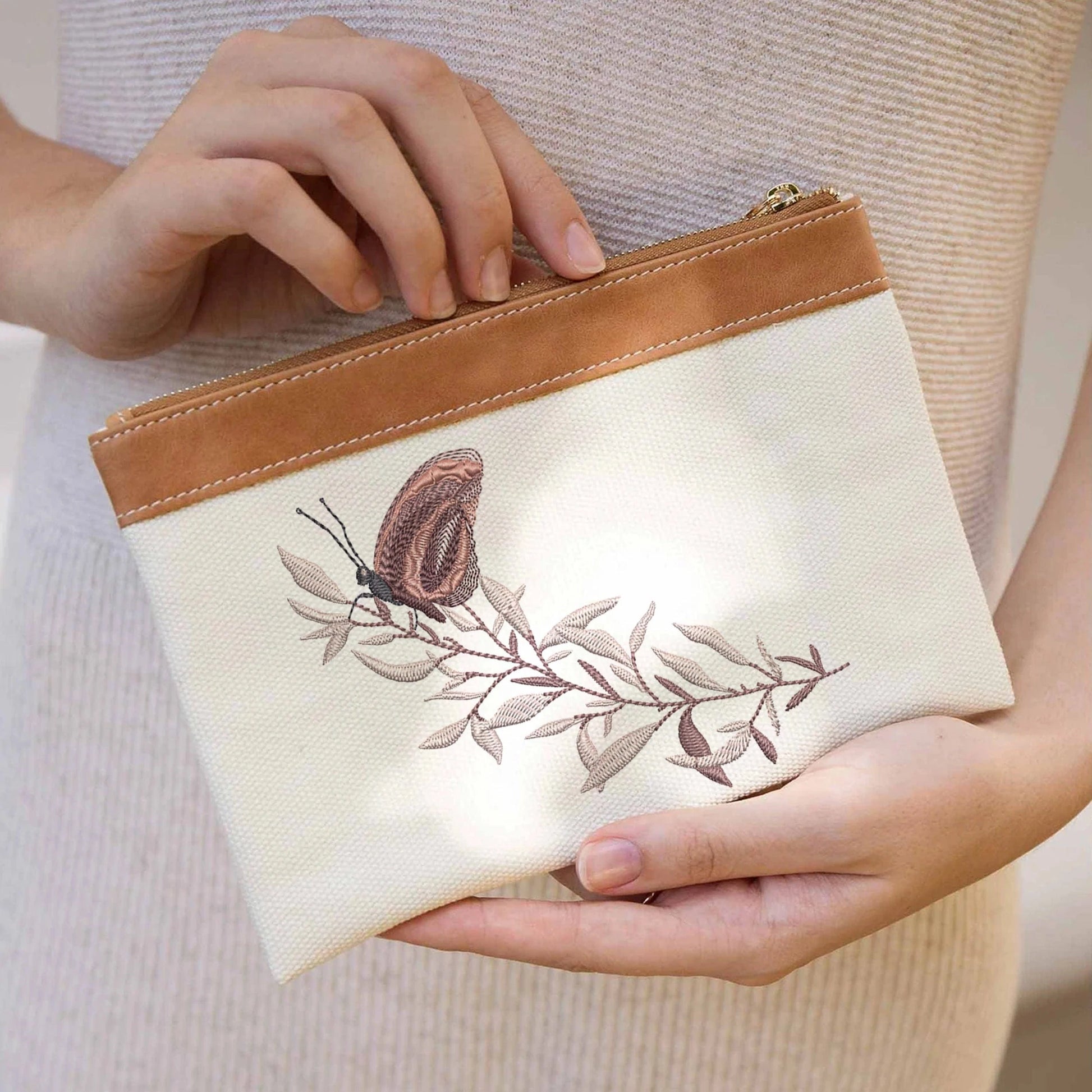 romantic Flower Butterfly Machine Embroidery Design on pouch